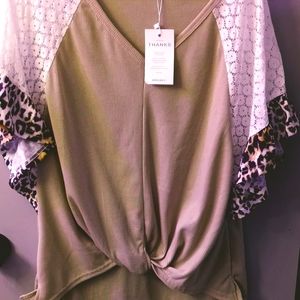 ADREAMLY Tan Blouse with Cheetah Print Sz L
